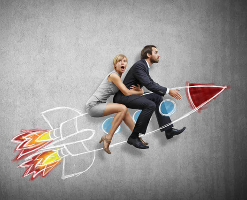 Businessman And Young Woman Flying With Rocket Small