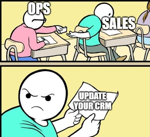 Meme showing Ops and sales passing notes to get the CRM updated