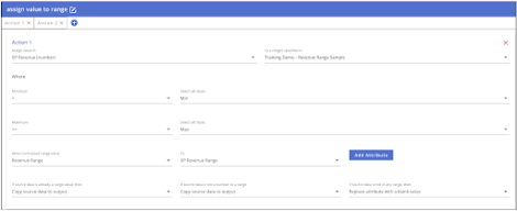 Screenshot showing how to use the RDA Cloud Assign value to range task template to assign the Revenue Range.