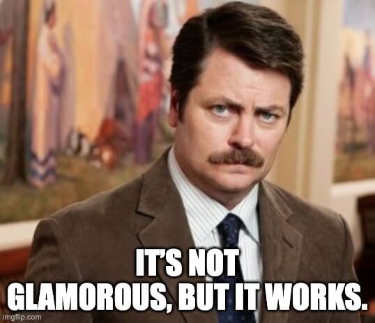 A photo of man saying its not glamorous but it works.